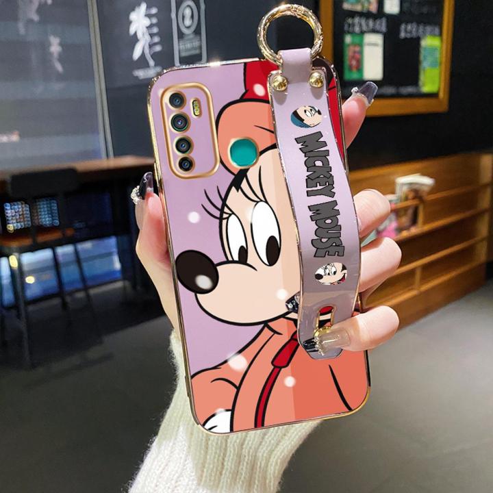 chenyyka For Infinix Hot 9 Case With Wristband New Design Phone Case For Girl Women Thin Pattern Shockproof Plating Silicone Casing Cartoon Mickey Full Cover SoftCase Protection Cases