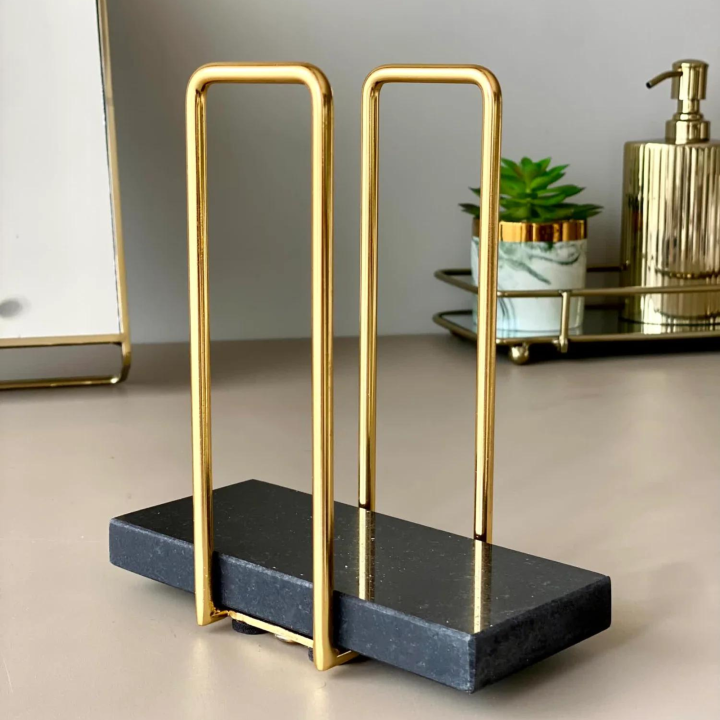 Black Wooden Napkins Holder With Metal Wire, Standing Napkin Holder for Table, Kitchen & Dining Room Décor, Gold Metal Napkin Holder
