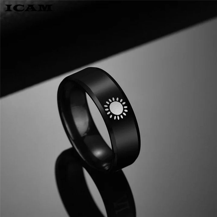 【wholesle668 Store】ICAM Black Ring Simple Style  Sun Stainless Couple Rings Girls Best Friend Jewelry