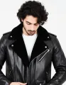 New Men's Casual Biker Style Black PU Leather Jacket with Tartan Collar. 