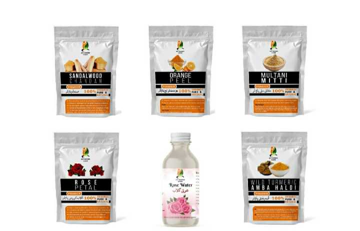 Alishba Collection 7860    5 Pouches Skin Care package with Rose Water Sandalwood powder Orange Peel Powder Multani Mitti Powder Rose Petal Powder Wild Turmeric Powder My Herbs Care