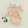 Toddler Baby Girls Summer Outfit Solid Color Cutout Pleated Tank Tops and Stretch Casual Ruffle Shorts Set. 