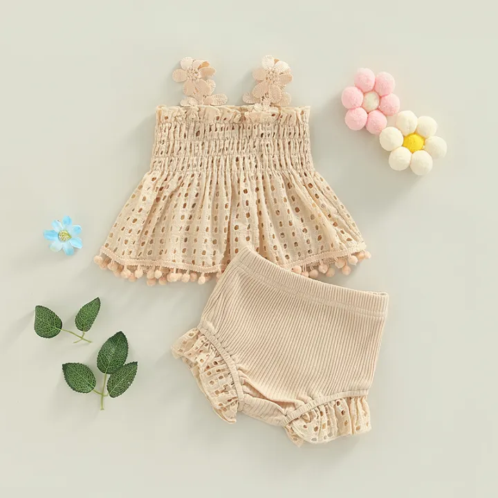 Toddler%20Baby%20Girls%20Summer%20Outfit%20Solid%20Color%20Cutout%20Pleated%20Tank%20Tops%20and%20Stretch%20Casual%20Ruffle%20Shorts%20Set%20-%20Image%203