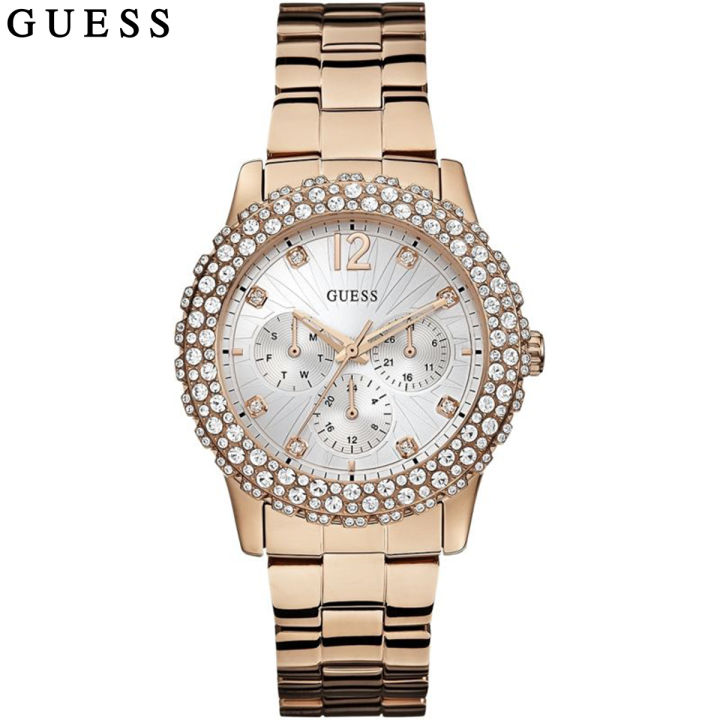 Guess Dazzler Silver Dial Rose Gold Stainless Steel Watch For Women- W0335L3