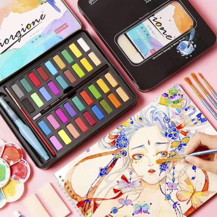 Giorgione 36 Colors Solid Watercolor Paints With Painting brush and sponge Tin Box Set