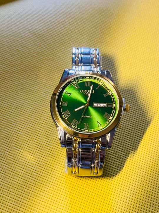 Luxury Men’s Stainless Steel Watch – Green Dial Roman Numerals – Day ...