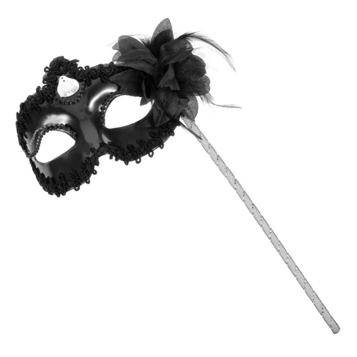 Women's Masquerade Masks Side Feathers Flower Petal Hand Held Lace Half Mask Stick Halloween Masks
