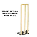 Cricket Stumps Wooden Spring Return & Bails Natural Metal Base Full Size wicket. 