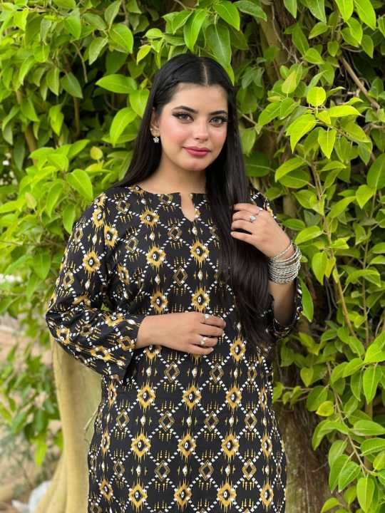 Stylish Collection Stitched New Leaf print 2pc Linen dress for