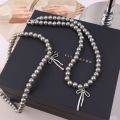 Goth Harajuku Cute Y2K Aesthetic Bowknot Pendant Grey Pearl Beaded Rope Chain Necklace for Girl Choker Cool 90s EMO Accessories. 