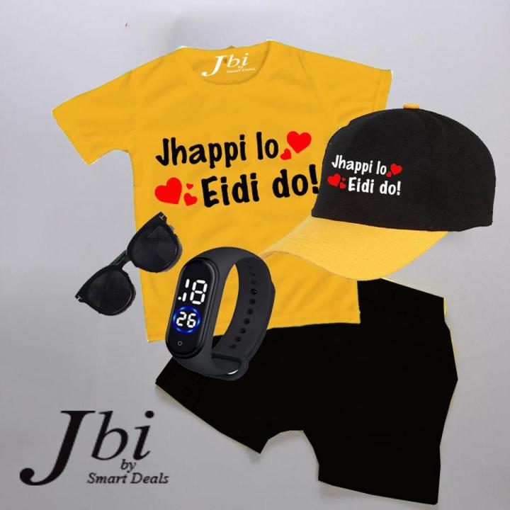 Pack of 5 Summer Kids Jhappi Lo Eidi Do Printed Tracksuit Half Sleeves Round Neck T-Shirt Glasses Watch Short With Printed Cap Tracksuit for Kids