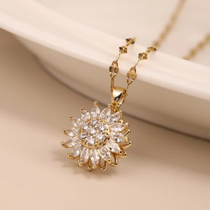 Luxury Sunflower Double-layer Rotatable Sunflower Necklace for Women Chain Stainless Steel Jewelry Accessory Wedding Party Gifts