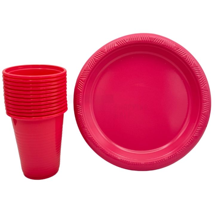 DARK PINK COLOR PLATES AND CUPS - PLASTIC PLATES AND CUPS - PACK OF 10