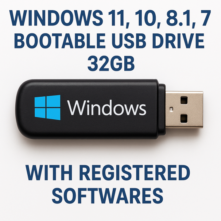 Windows 11, 10, 8.1, 7 Bootable USB Drive 32GB with Registered Softwares