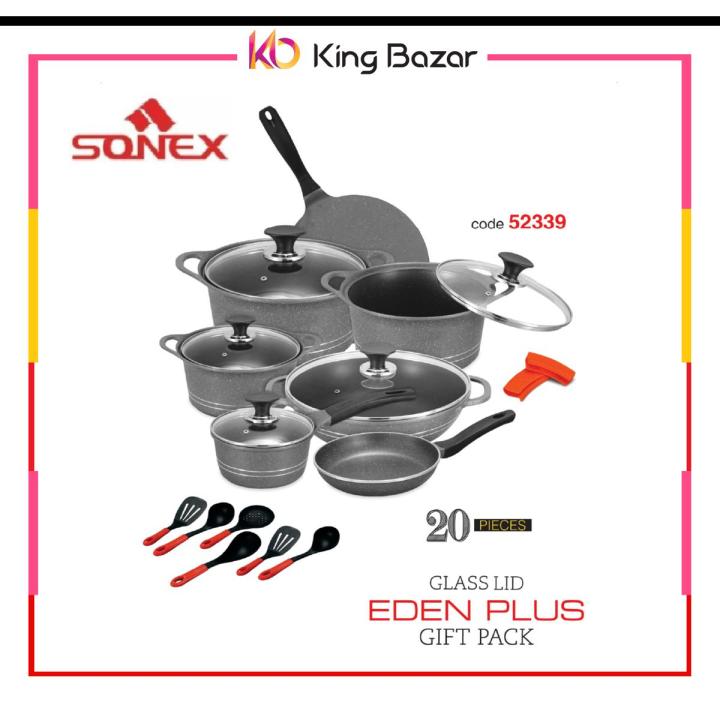 SONEX Eden Plus Gift Pack 18 Pieces Dinner Set Die Cast Marble Coating with Glass Lids Cookware Set Daraz.pk