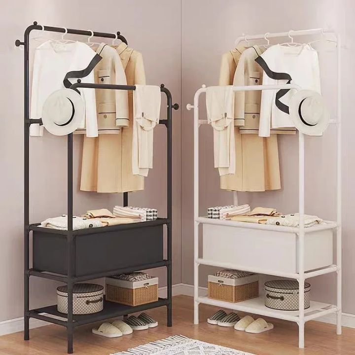 Freestanding Double Pole Clothing Rack – Coat Hanger with Lower Storage ...