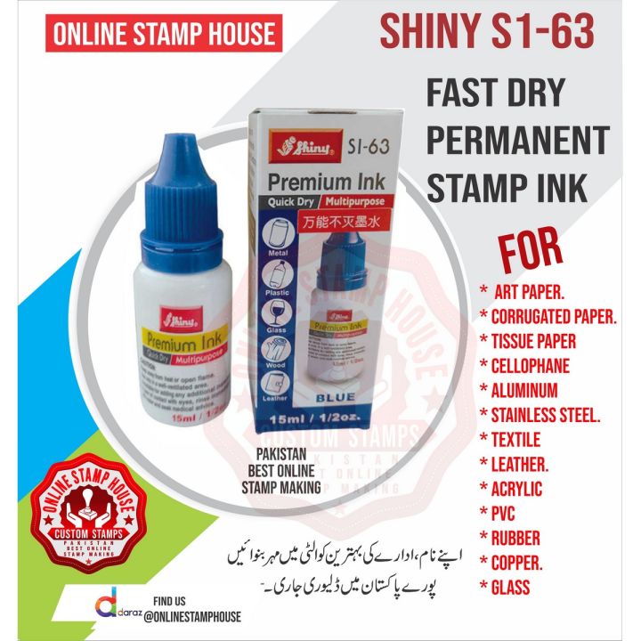 Shiny SI-63 Premium Permanent Stamp Ink Blue Color 15ml fast quick dry permanent stamp ink for plastic , rubber , nylon printing