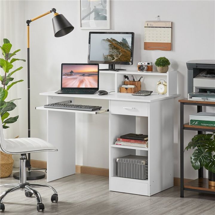 This compact home office computer desk will keep your work items within reach. Spacious storage of a tabletop/shelf organizer, keyboard tray, compact drawer, and adjustable compartments. All designed to meet your workstation/reading/writing  (Customize)