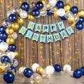 Happy Birthday Decorations Theme Blue Gold & White-Including Happy Birthday Blue Banner, 3 Confetti Balloons, 30 Latex Balloons Blue, Gold White, with Fairy Light. 