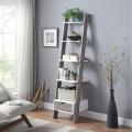 Two-Tone White and Walnut Finish 5 Tier Bookcase Shelf Ladder Leaning with Drawer - 72" Height. 