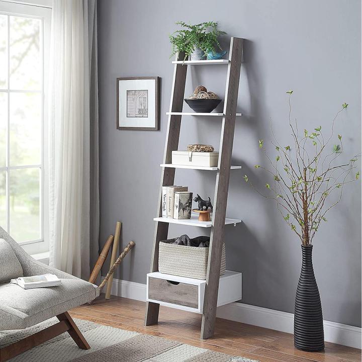 Two-Tone White and Walnut Finish 5 Tier Bookcase Shelf Ladder Leaning with Drawer - 72" Height