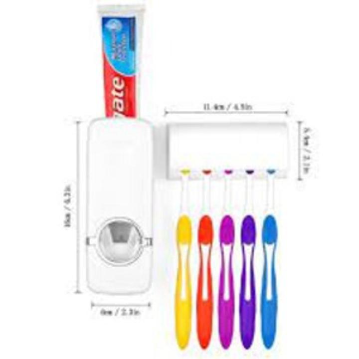 Toothpaste Dispenser with 5 brush holder for Bathroom with automatic toothpaste  - White