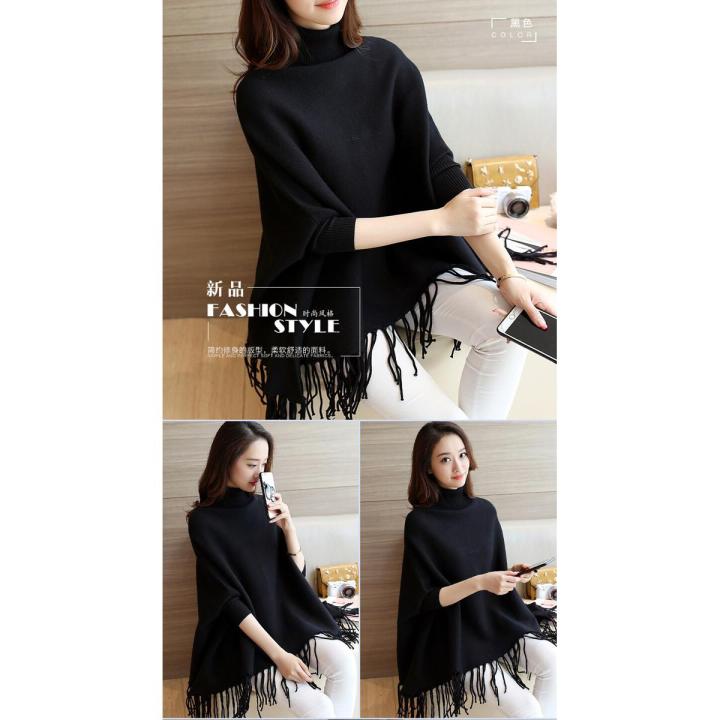 Women Poncho Coat Solid Elegant Pullover Female Jumper Irregular Tassel