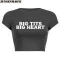 Big Tits Big Heart Print Pattern New Summer Short Sleeve O Neck Cropped Navel Women Crop Tops Fashion T-Shirt. 