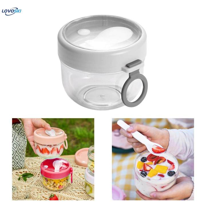 Overnight Jar Portable with Lid Spoon Yogurt Bowl for Travel white