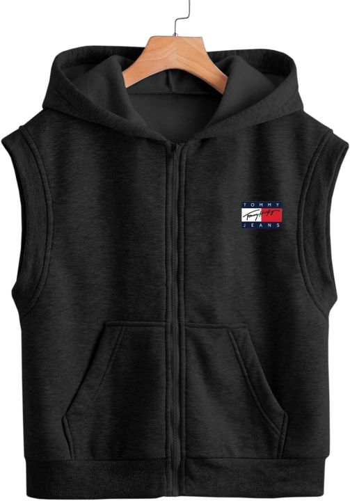 Black Sleevless Zipper Hoodie for Boys / Men's