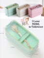 【Footprint】 Japanese 3 Layer Wheat Straw 900ML Lunch Box Portable Picnic Food Fruit Container Storage Box Wheat Plastick Travel Eco-Friendly School Office With Spoon And Fork Tableware Bento Box. 