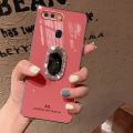 For OPPO A7 Back Cover + Rhinestone Ring Holder Stand Shiny Plating Square Bumper Girls Phone Case Soft TPU Silicone Shockproof Protective Cover. 