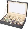 10/ 12 Slot PU Leather Watch Box Display Case Jewelry Organizer with Glass Top. 