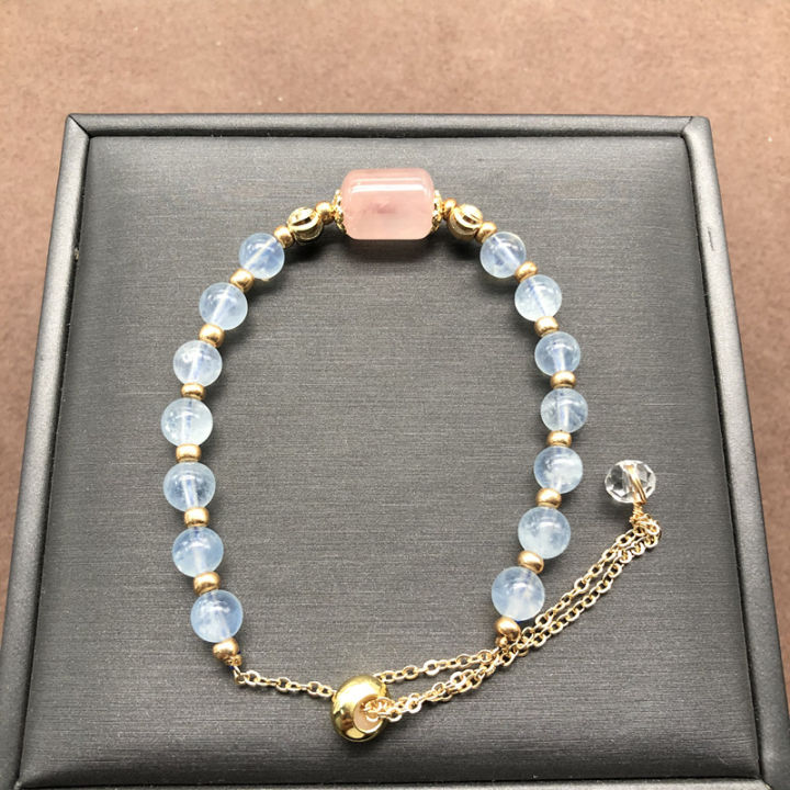 Natural Crystal Bracelet New Temperament Pink Crystal Barrel Beads Bracelet Aquamarine Bracelet