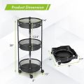 3-Tier Foldable Storage Cart, Rolling Fruit Vegetable Basket Stand with 3 Metal Mesh Baskets, Kitchen Rolling Storage Basket on Wheels for Pantry, Dining Room, Living Room, Round ( Only Black Colour  ). 
