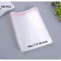 Bundle of 100 (7 x 8+2 Flip=10 Inch) Clear Resealable Cellophane / BOPP / Poly Transparent Plastic Bags For Storage Self Adhesive Polythene Peel + Seal Bags For Packing. 