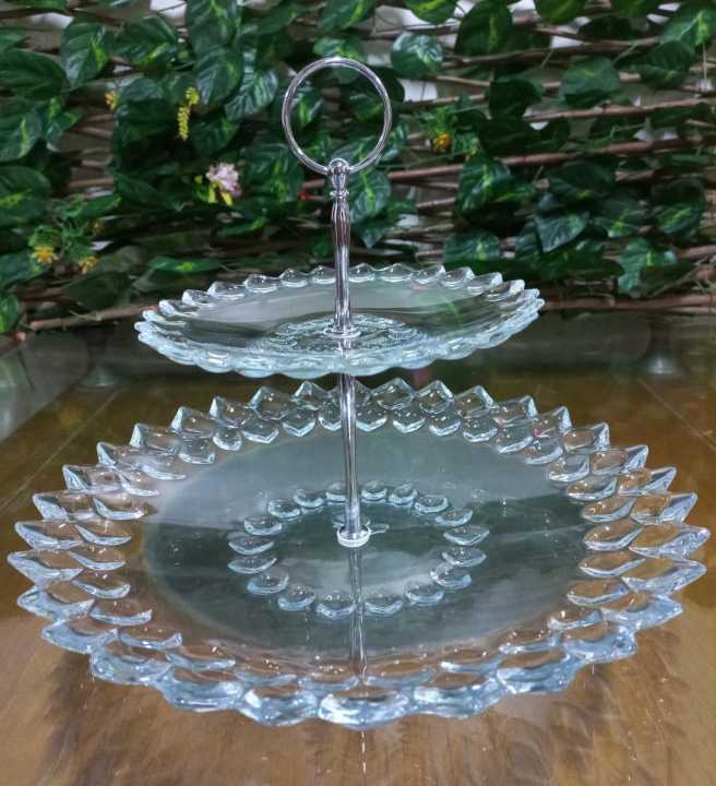 New%20Imperial%20Glass%20Crystal%20Pastry%20Stand%20With%20Metallic%20Rod%202%20Tier%20Cake%20Stand%20Gift%20Item%20Glass%20Material%20Classy%20-%20Image%202