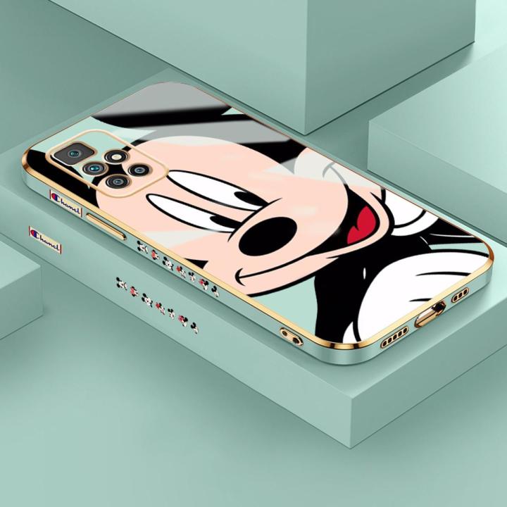 YIWESAN Case For Redmi 10 Prime Case Cartoon Mickey Mouse Side Design Phone Case Square Edge Pattern Silicone Softcase Luxury Plating Casing Full Cover Camera Shockproof Protection Cases