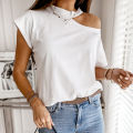 Women T-shirt Short Sleeve One Shoulder Mock Neck Halter Blouse Top. 