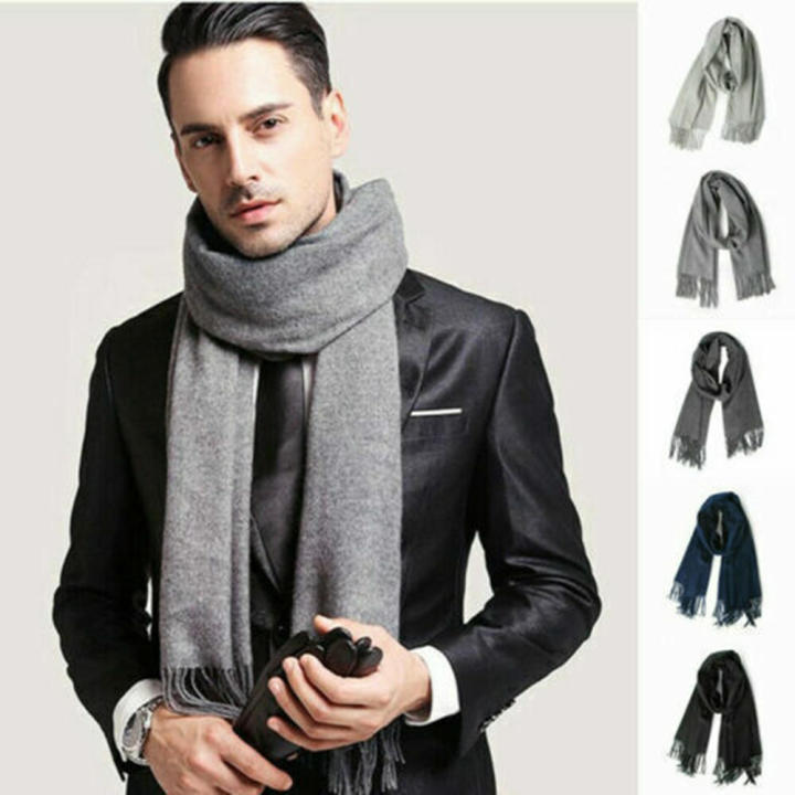 Men Faux Wool Warm Scarfs Winter Shawl Neck Thick Knit Super Soft Solid Wrap