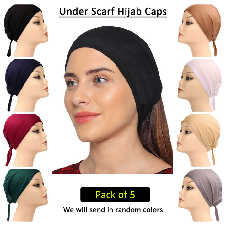 Pack of 5 Plain Tie-Back Bonnet Cap Soft Under Scarf Hijab Caps for Women in Random Colors Jersey Cotton Ladies Inner Scarf Caps Free-Size for All - Bilal Online