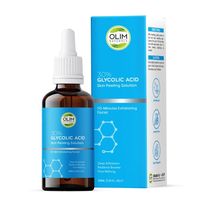 OLIM NATURALS - Glycolic Acid 30% Peeling Solution Serum for Face - Fine Line Reduction, Pore Unclogging, Hydration Boost, Soothing and Calming - 30ml