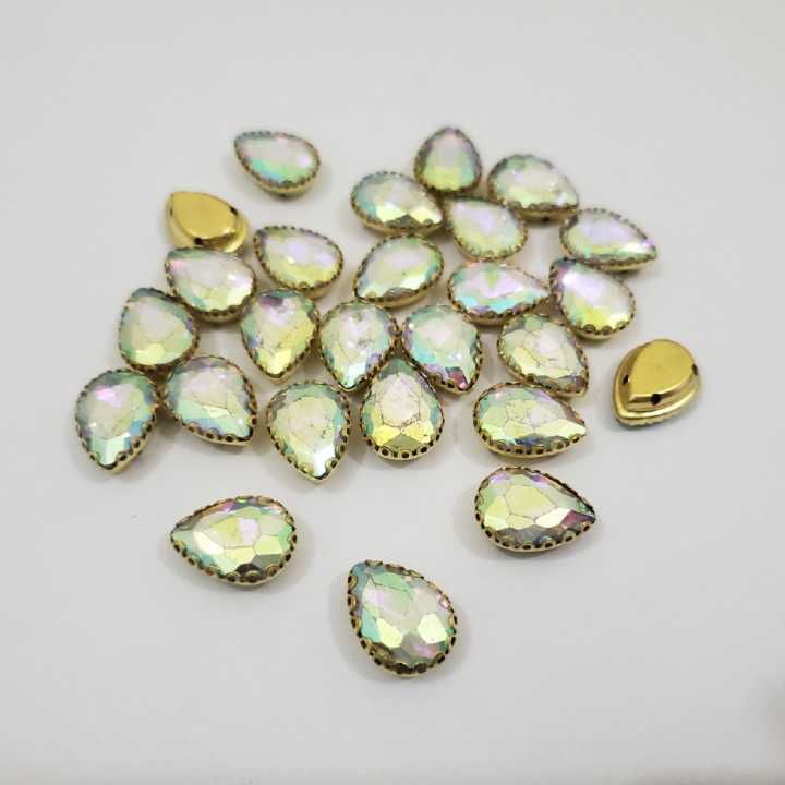 12 Pcs White Colorful Tear Drop Glass Sew On Rhienstones with Golden Base Crystal ( 15x10mm )