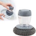 Metal Scrubber Sponge Scouring Pad Pot Scrubber with Liquid soap Dispenser Brush Push Button Cleaning Tool for Household. 