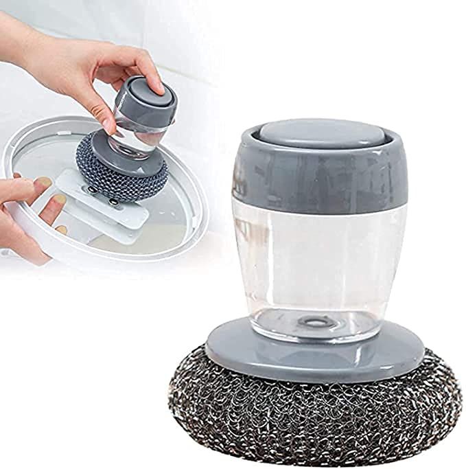 Metal Scrubber Sponge Scouring Pad Pot Scrubber with Liquid soap Dispenser Brush Push Button Cleaning Tool for Household