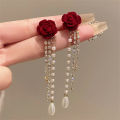 Wine Red Flocking Bow Pearl Tassel Earrings For Women Elegant Trending Luxury MJ. 