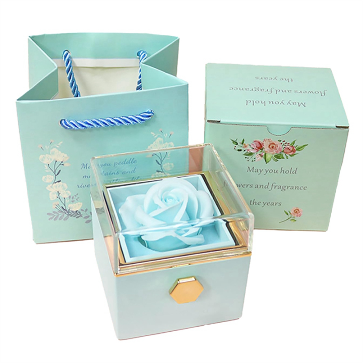 Rose Ring Box Velvet Jewelry Box Eternal Rose Jewelry Box Rotates 360° Valentine'S Day Mother'S Day for Romantic Gifts Lake Blue