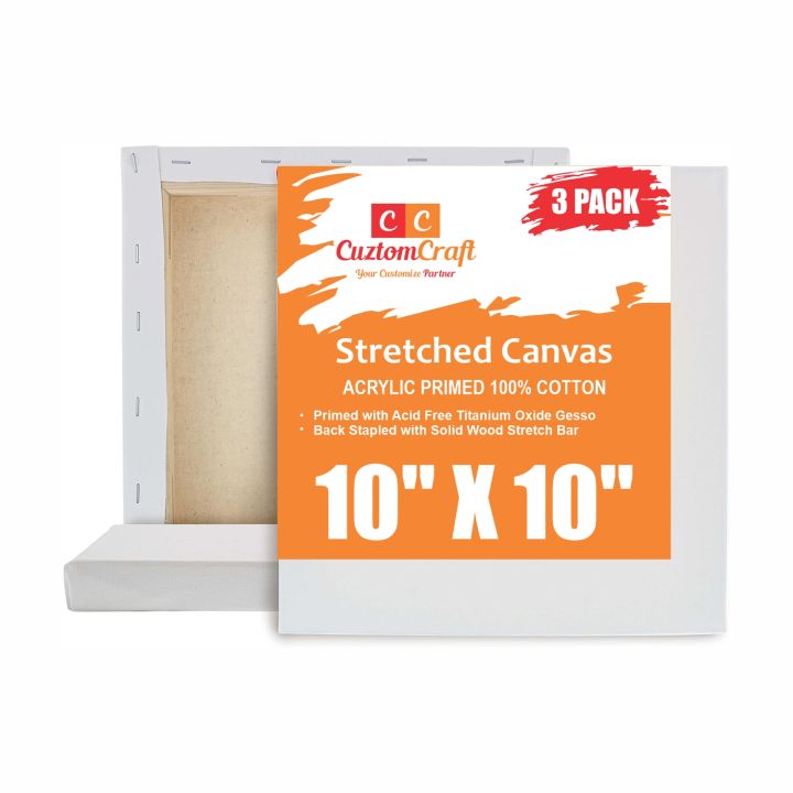 CuztomCraft - 3 Pcs - 10x10 Primed Canvases for Painting, 10 by 10 Canvas 100% Cotton Stretched Canvas, Art Supplies for Acrylic Pouring,Canvas 10 by 10 Oil Painting and Watercolor, Acid Free Canvas - Art Panel - Small Canvas - Artist