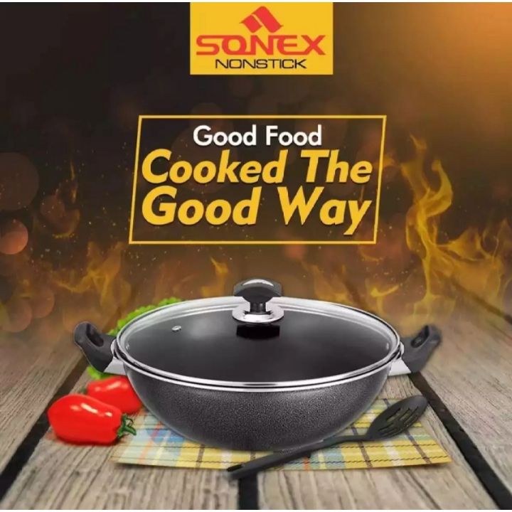 Sonex Non Stick Cooking Wok with Glass Lid - Black | Granite Coating | Healthy Low-Oil Frying | For Stir Fry, Chinese, Karahi, Snacks & Tandoori