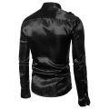 Canis-Men Satin Ruffle Shirts, Long Sleeve Stand Collar Solid Color Slim Fit Dress Shirt. 